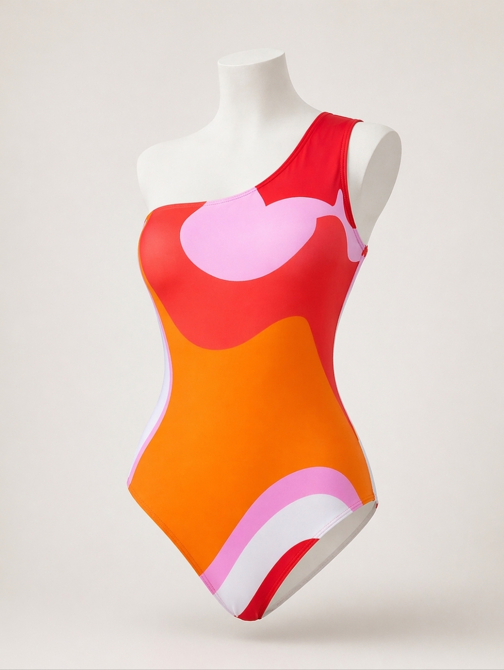 One Shoulder Colorblock Swimsuit Orange Pink Red One Piece L Retro Asymmetrical